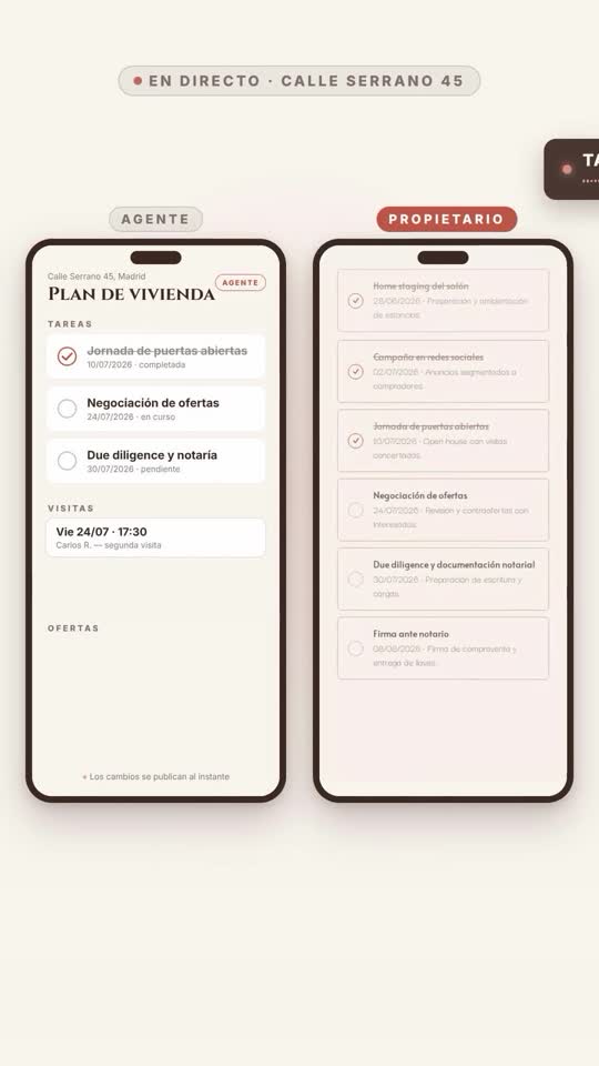 Dashboard Property: the owner's sale plan updating live on a phone